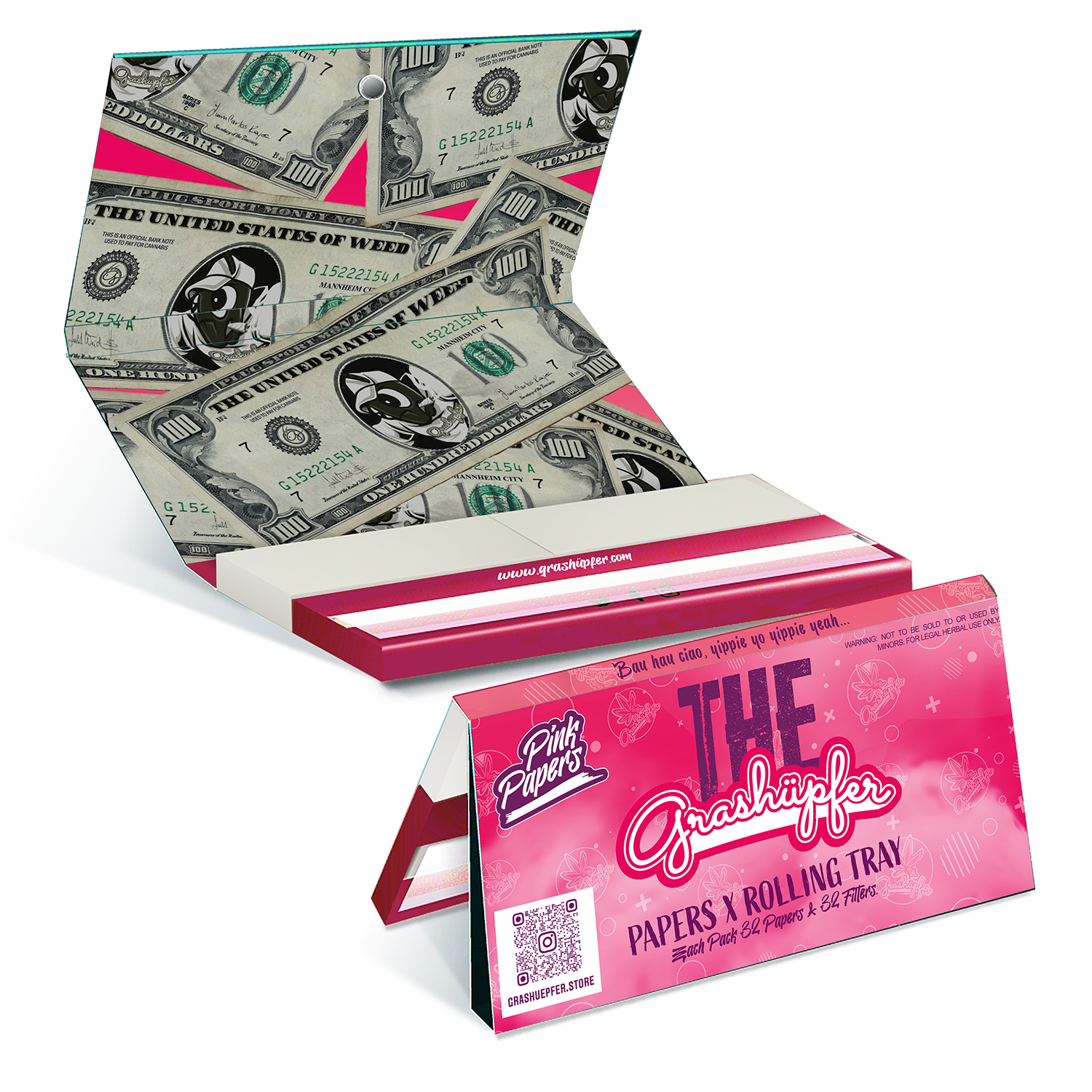 Rolling Papers mit Tray Grashüpfer Pink